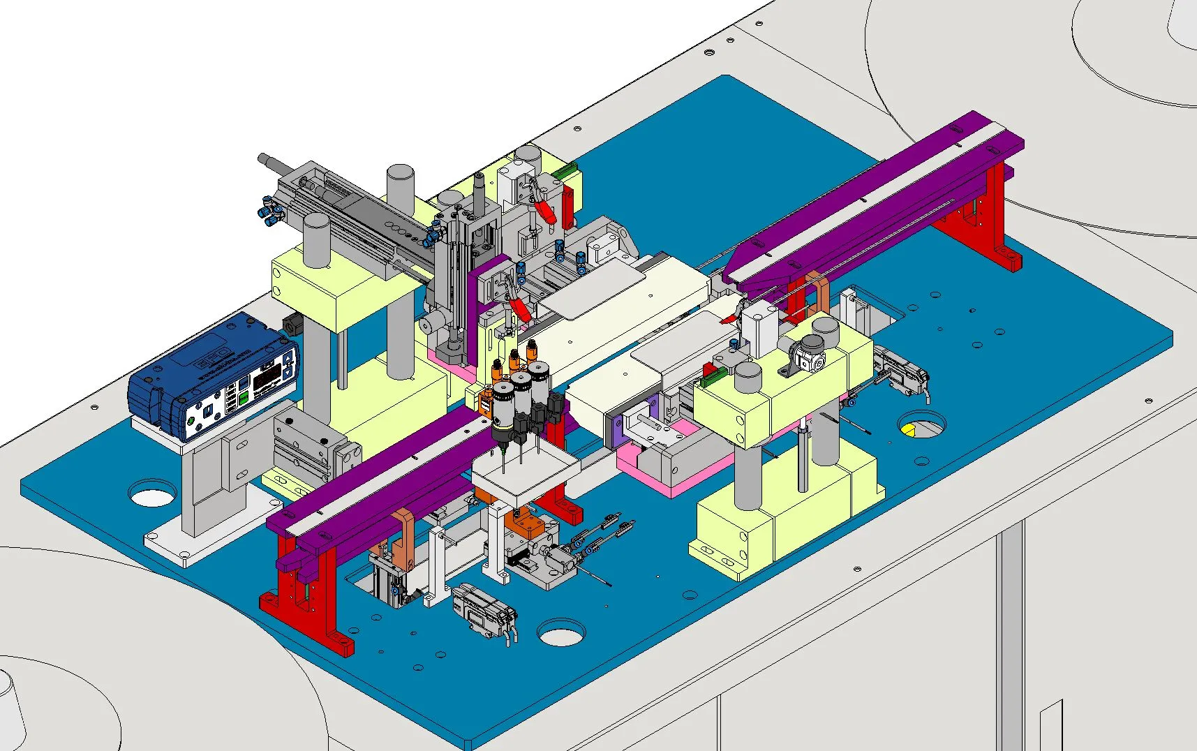 Inside a custom filling machine: three dispensing valves in a row over the container track, with the dispense controller and pneumatic stations on the base plate