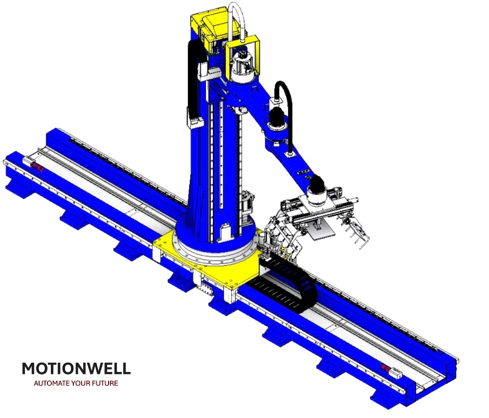 Column palletizing robot with heavy-duty linear track for warehouse automation and ASRS integration